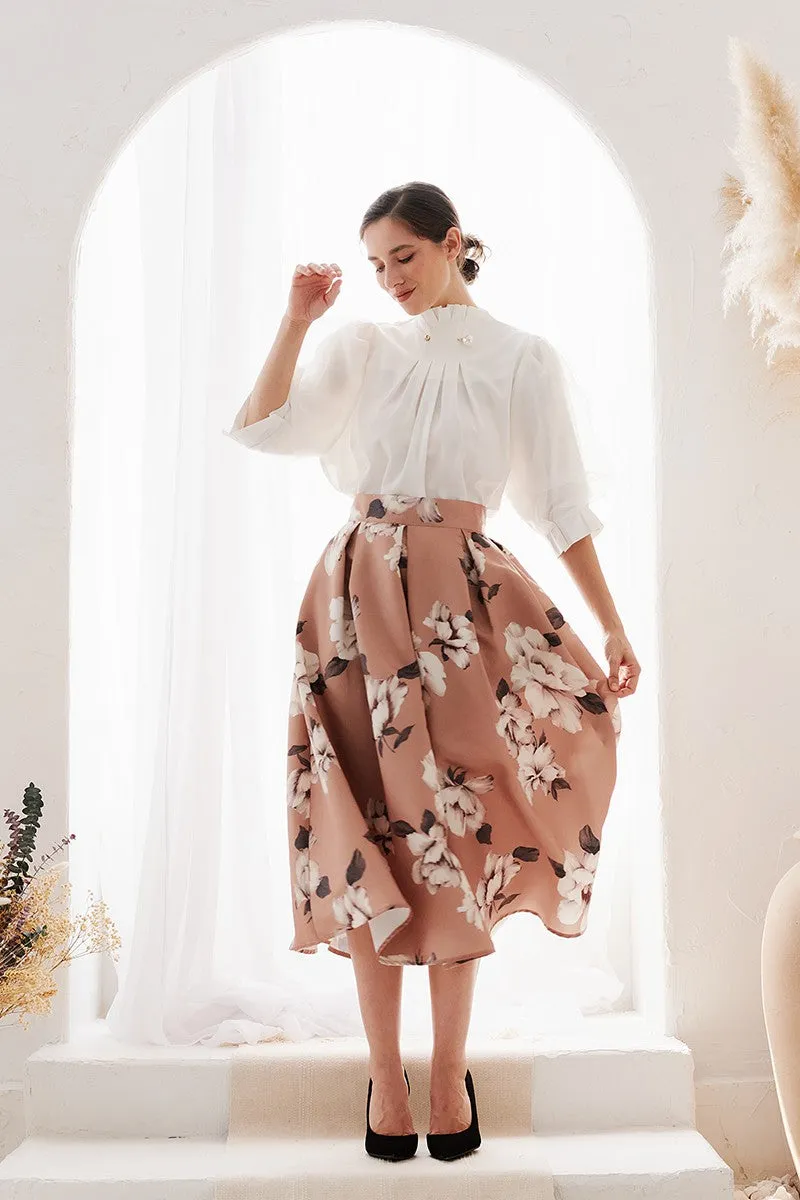 Cappuccino High Waist Floral Print Pleated Midi Skirt