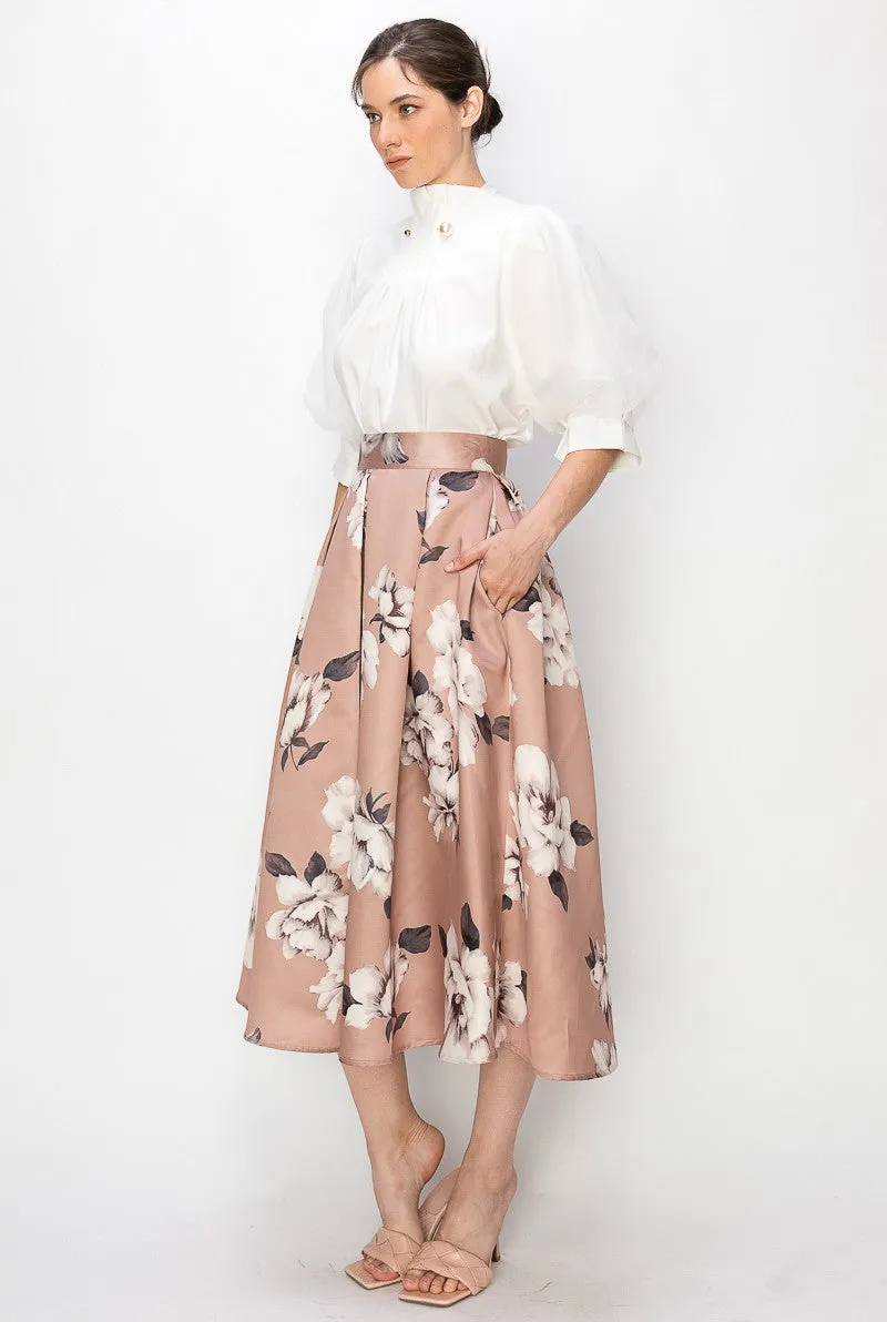 Cappuccino High Waist Floral Print Pleated Midi Skirt