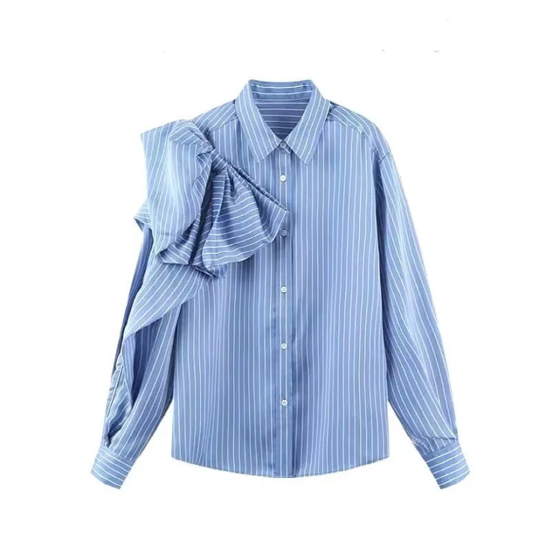 Casual Blue Striped Shirts For Women Lapel Long Sleeve Korean Bowknot Patchwork Blouses