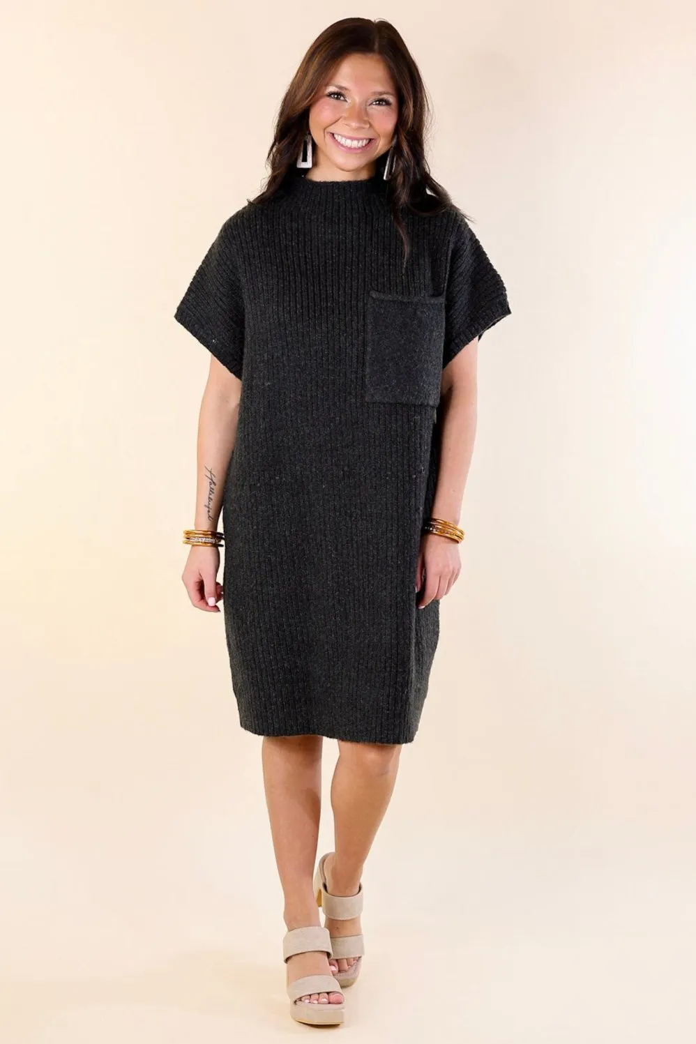 City Sights Cap Sleeve Sweater Dress in Charcoal Black