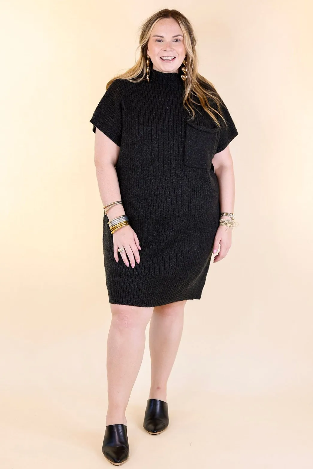 City Sights Cap Sleeve Sweater Dress in Charcoal Black