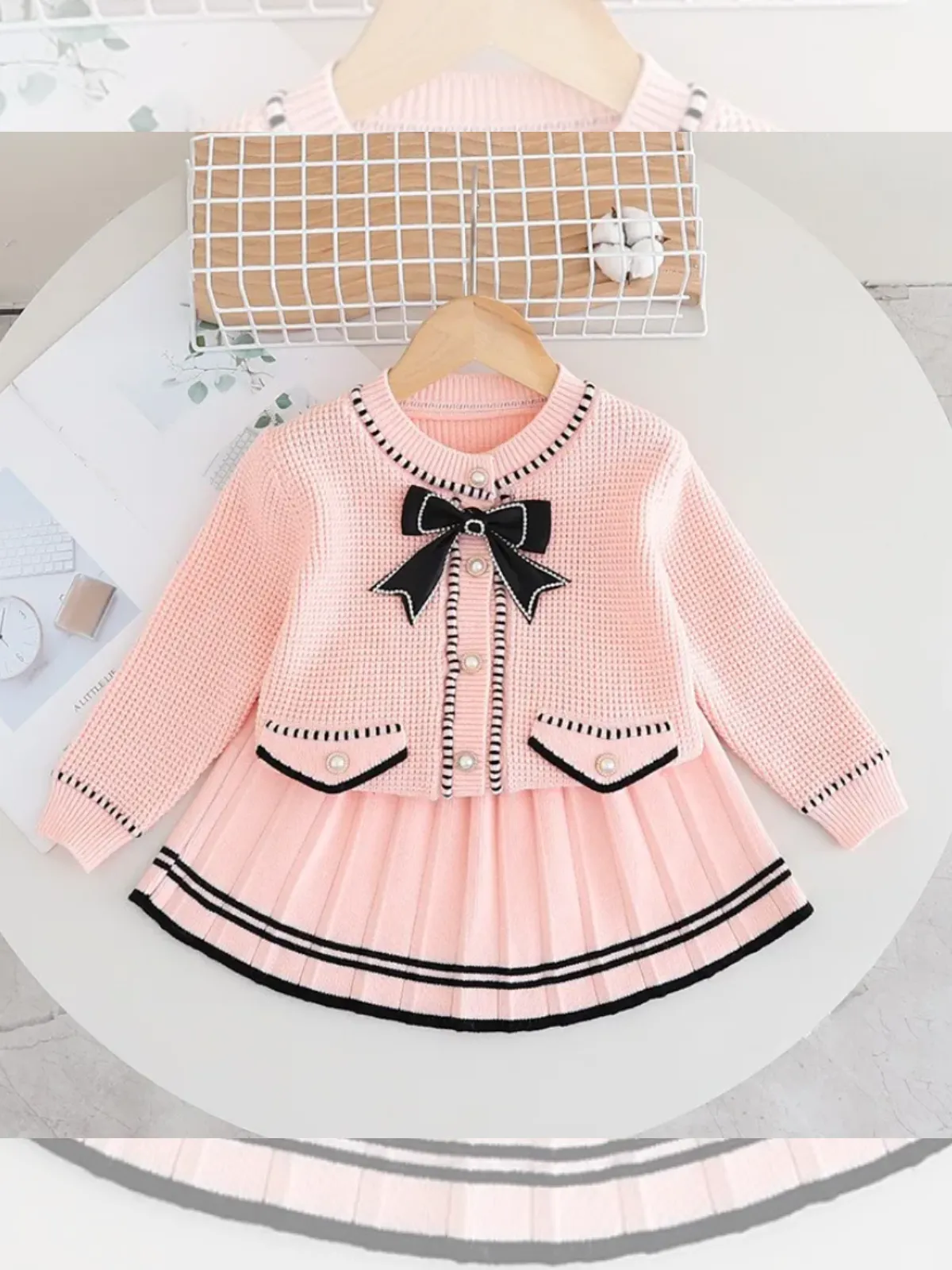 Classic Girls' Knit Cardigan and Skirt Set with Ribbon Bow