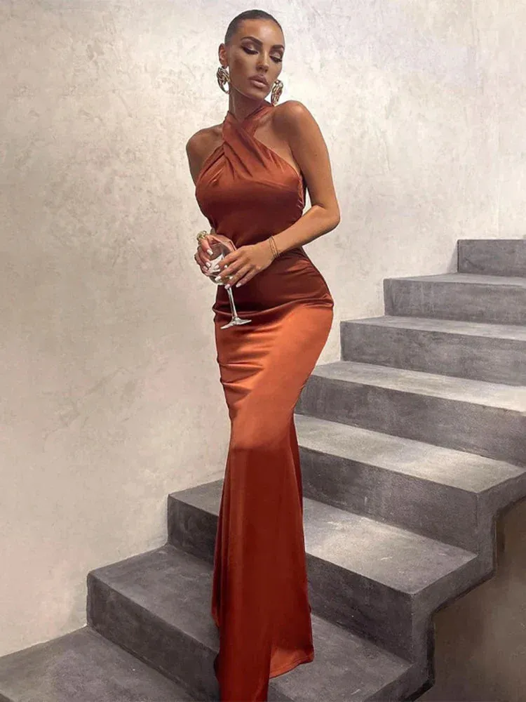 Cross Halter Satin Backless Bodycon Maxi Dress Women