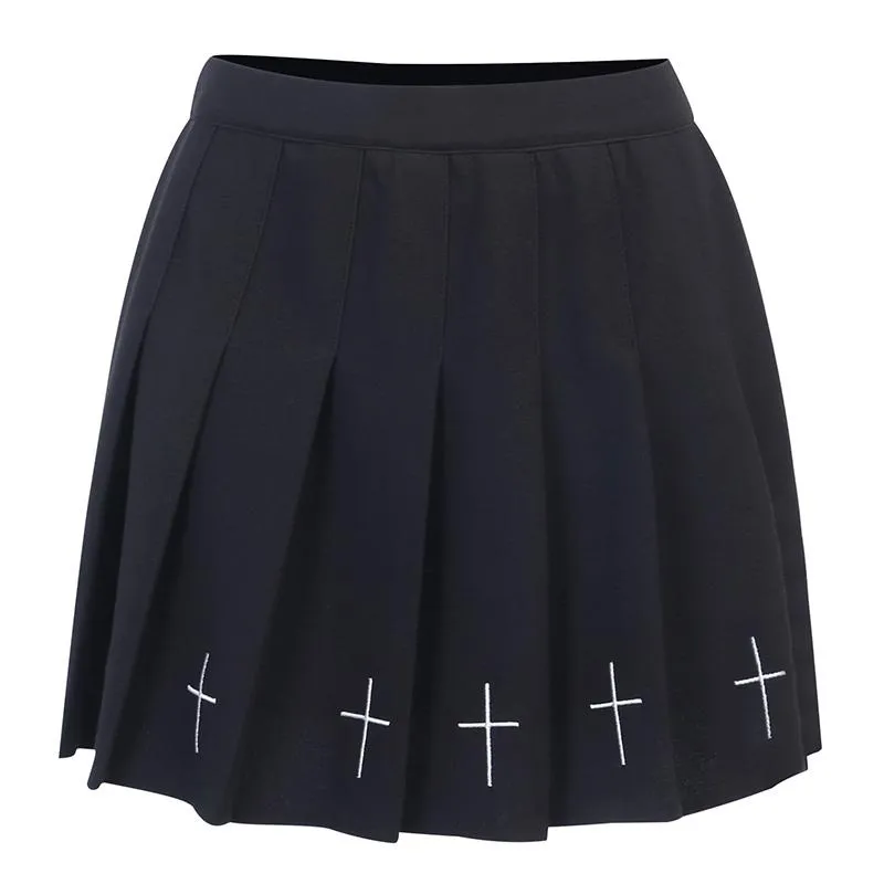 Cross Pleated plaid Black Skirt SD00877