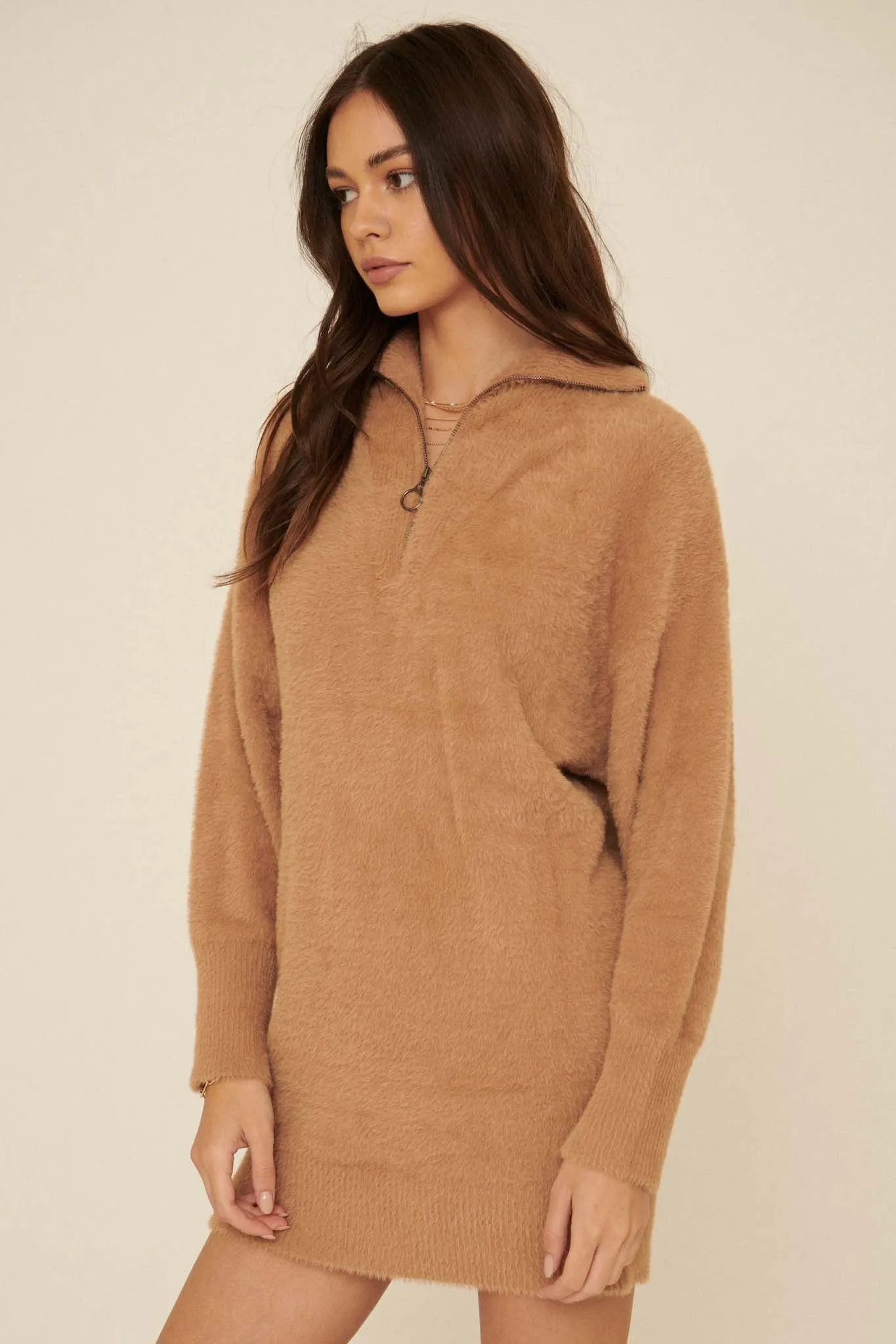 Cuddle Up Half-Zip Fuzzy Knit Sweater Dress