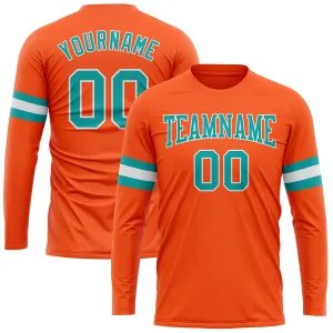 Custom Orange Aqua-White Long Sleeve Performance T-Shirt