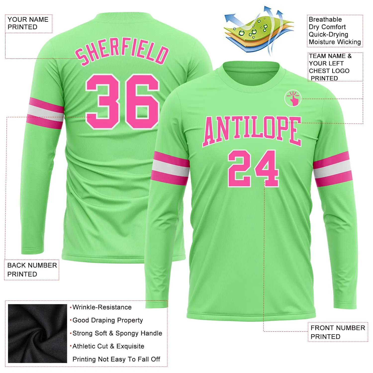 Custom Pea Green Pink-White Long Sleeve Performance T-Shirt