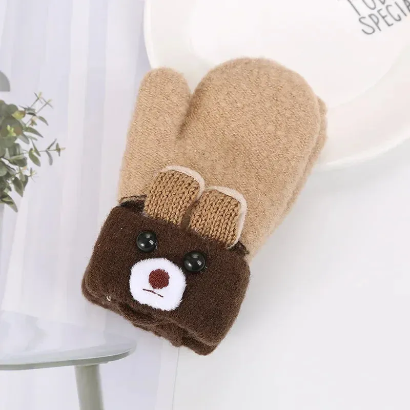 Cute Cartoon Bear Baby Gloves Winter Knitted Wool Infants Mittens Thicke Warm Full Rope Gloves For Boys Girls Toddlers 0-3 Y