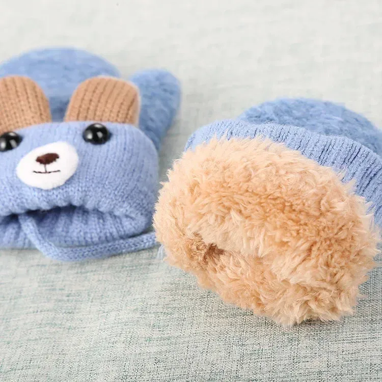 Cute Cartoon Bear Baby Gloves Winter Knitted Wool Infants Mittens Thicke Warm Full Rope Gloves For Boys Girls Toddlers 0-3 Y