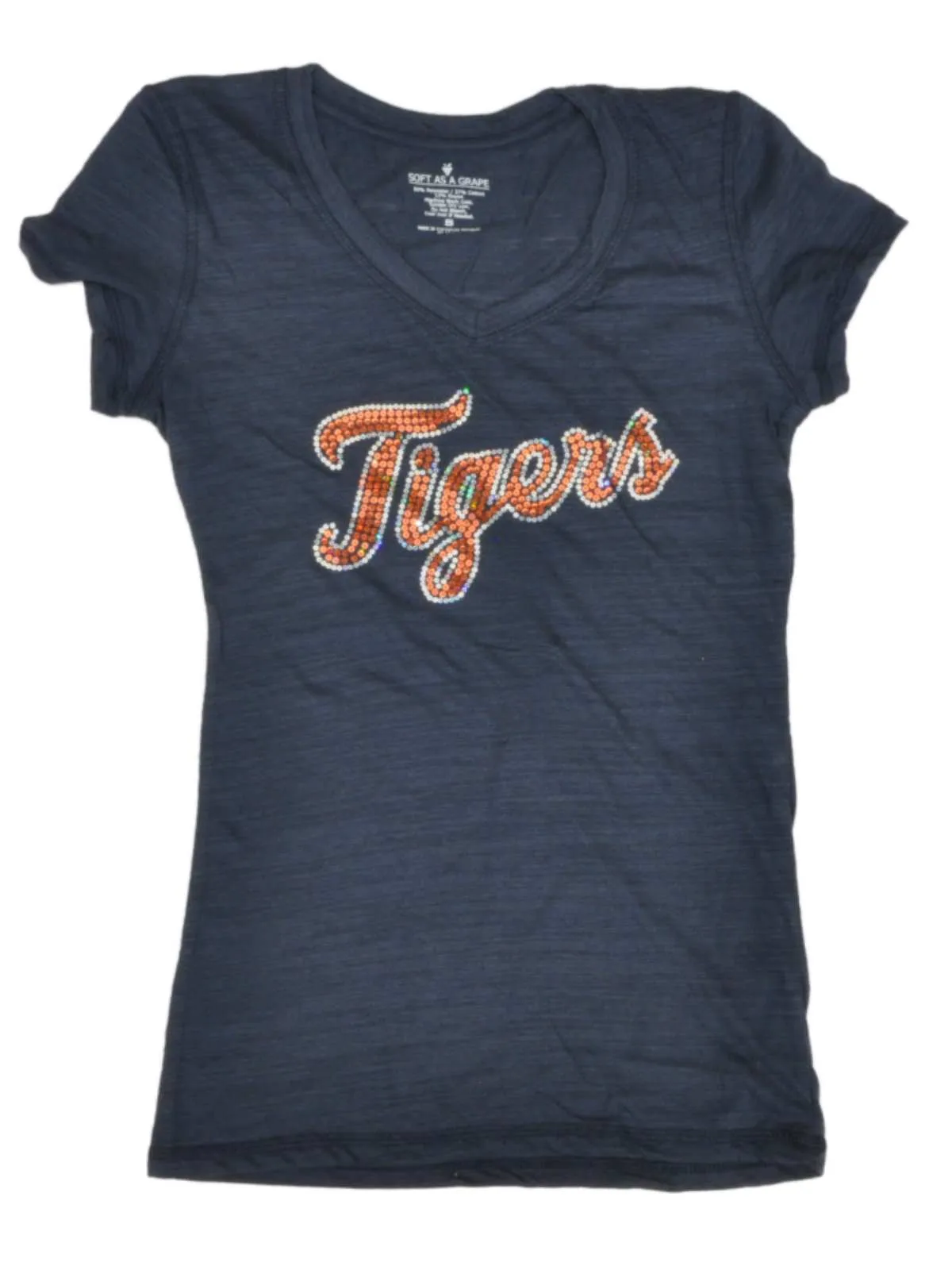 Detroit Tigers SAAG Women Navy Sequin "Tigers" Tri-Blend V-Neck T-Shirt