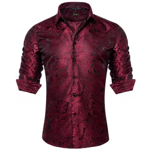 DiBanGu Dress Shirt Bulgarian Rose Red Paisley Long Sleeve Button Up Silk Shirt for Men