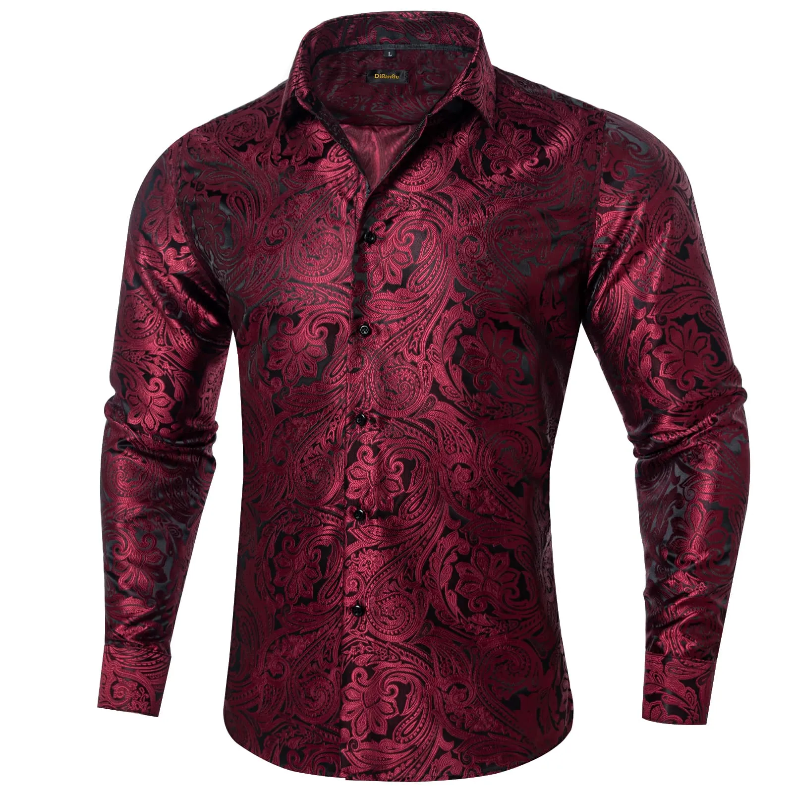 DiBanGu Dress Shirt Bulgarian Rose Red Paisley Long Sleeve Button Up Silk Shirt for Men