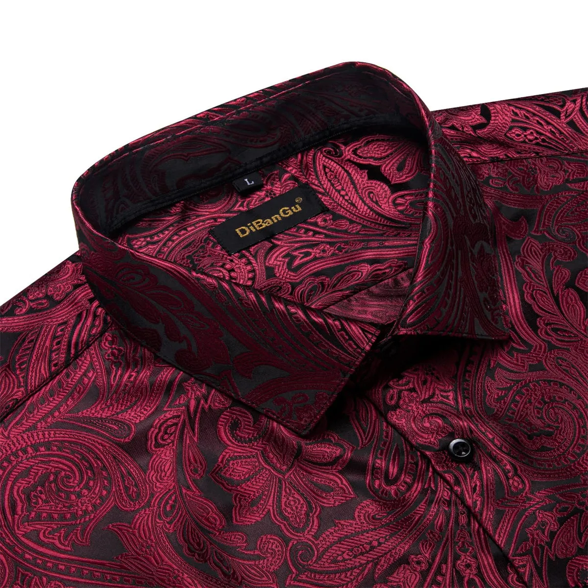 DiBanGu Dress Shirt Bulgarian Rose Red Paisley Long Sleeve Button Up Silk Shirt for Men