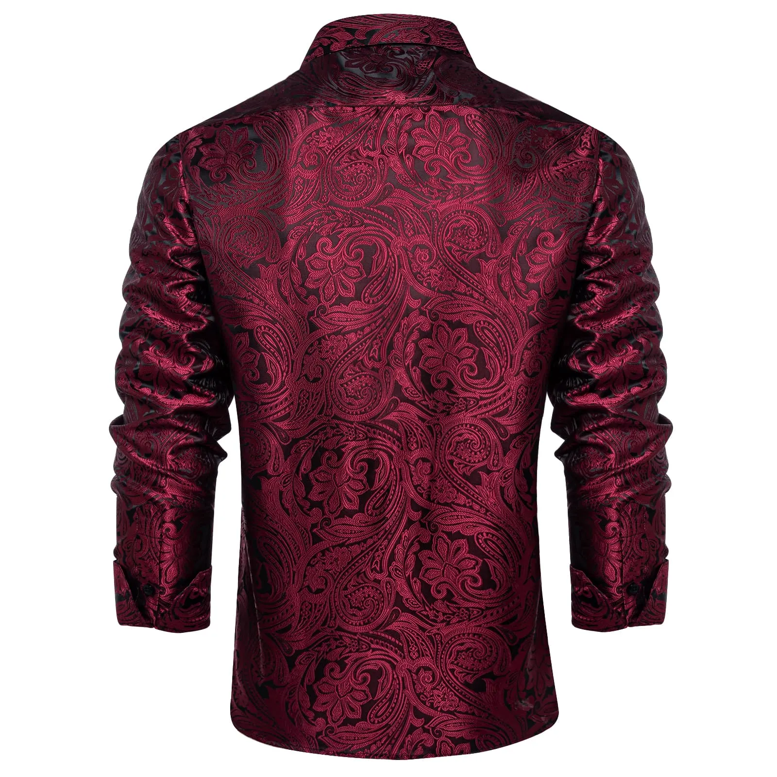 DiBanGu Dress Shirt Bulgarian Rose Red Paisley Long Sleeve Button Up Silk Shirt for Men