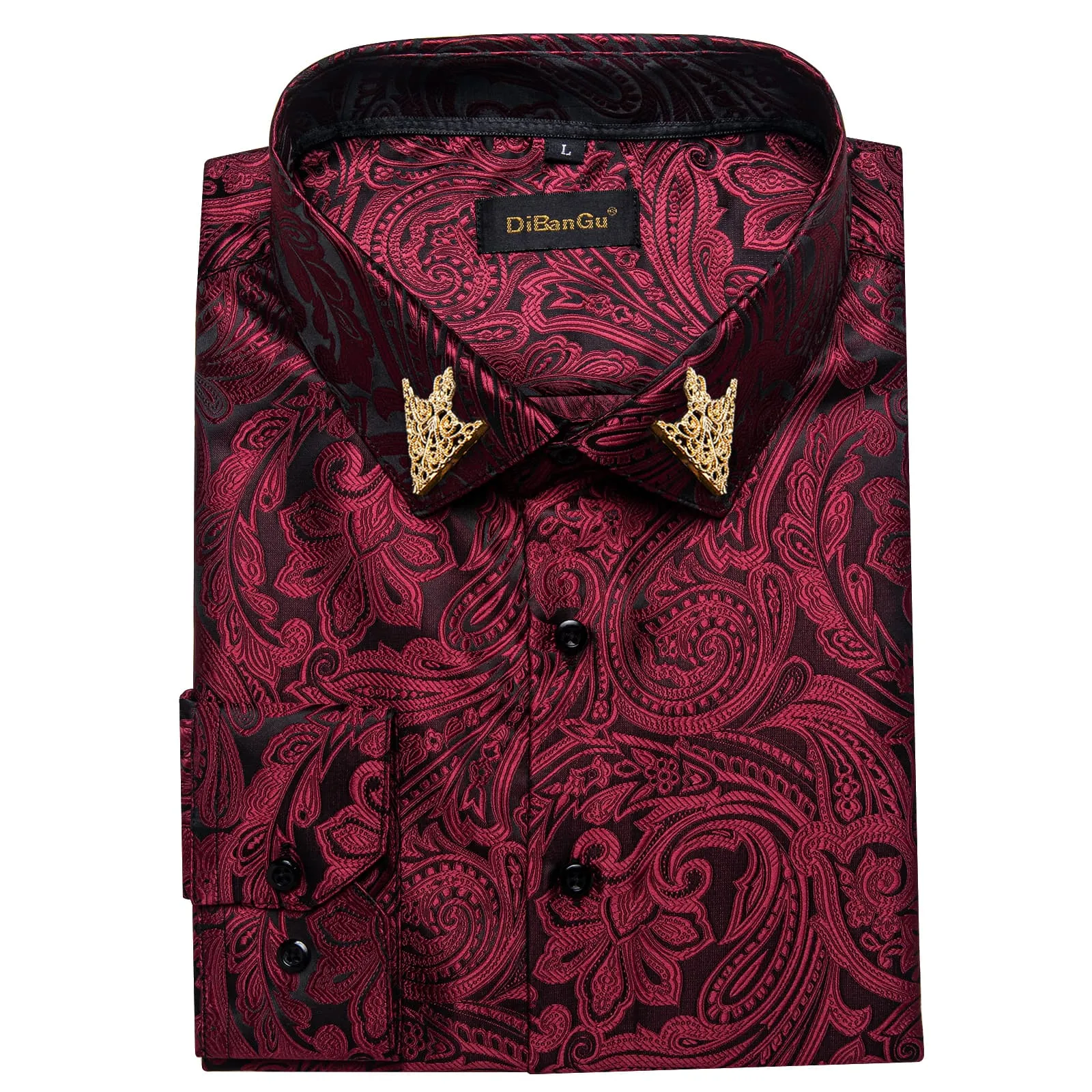 DiBanGu Dress Shirt Bulgarian Rose Red Paisley Long Sleeve Button Up Silk Shirt for Men