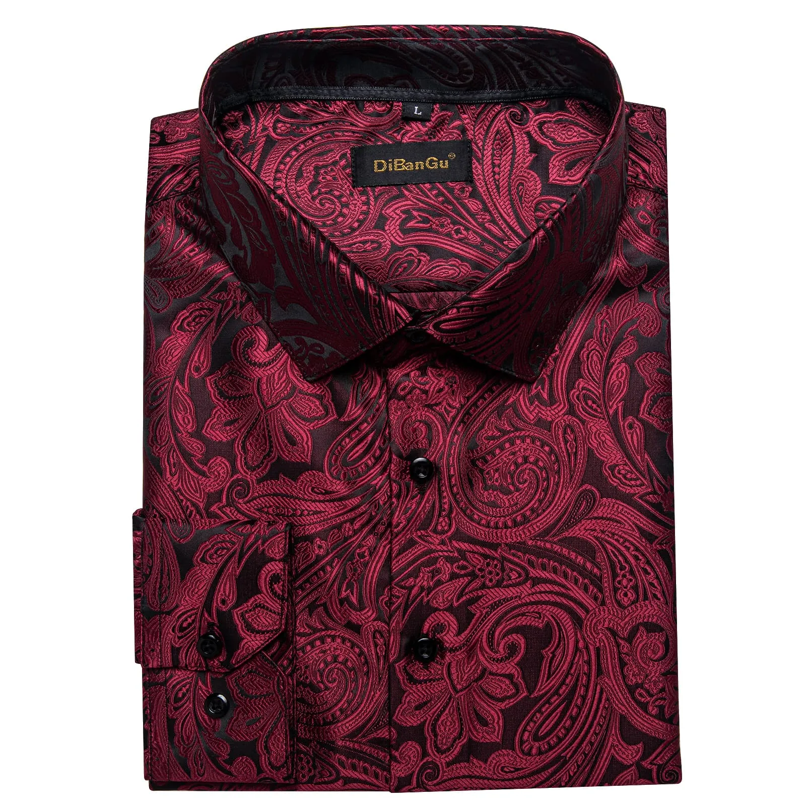 DiBanGu Dress Shirt Bulgarian Rose Red Paisley Long Sleeve Button Up Silk Shirt for Men