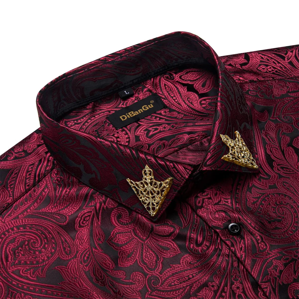 DiBanGu Dress Shirt Bulgarian Rose Red Paisley Long Sleeve Button Up Silk Shirt for Men