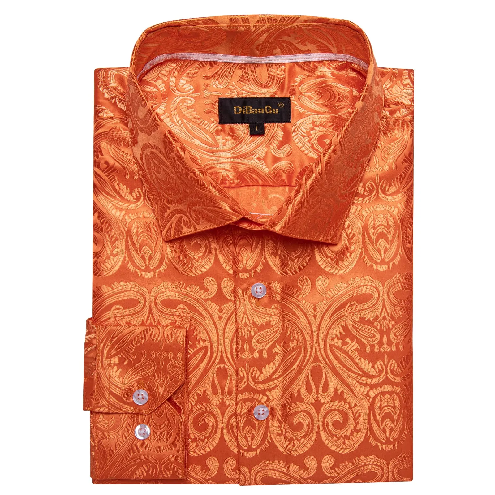 DiBanGu Shirt for Men Flame Orange Paisley Silk Button Up Long Sleeve Shirt