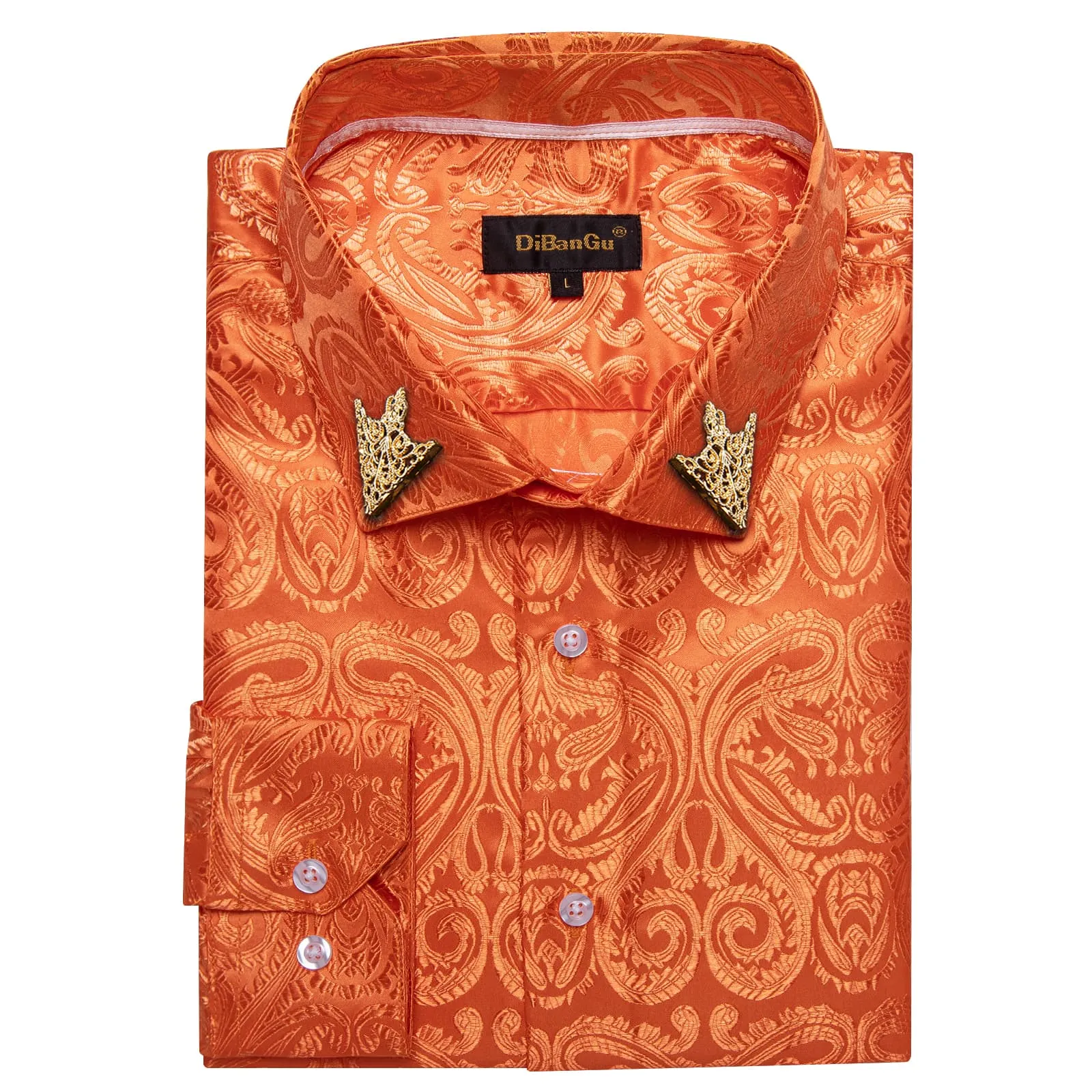 DiBanGu Shirt for Men Flame Orange Paisley Silk Button Up Long Sleeve Shirt