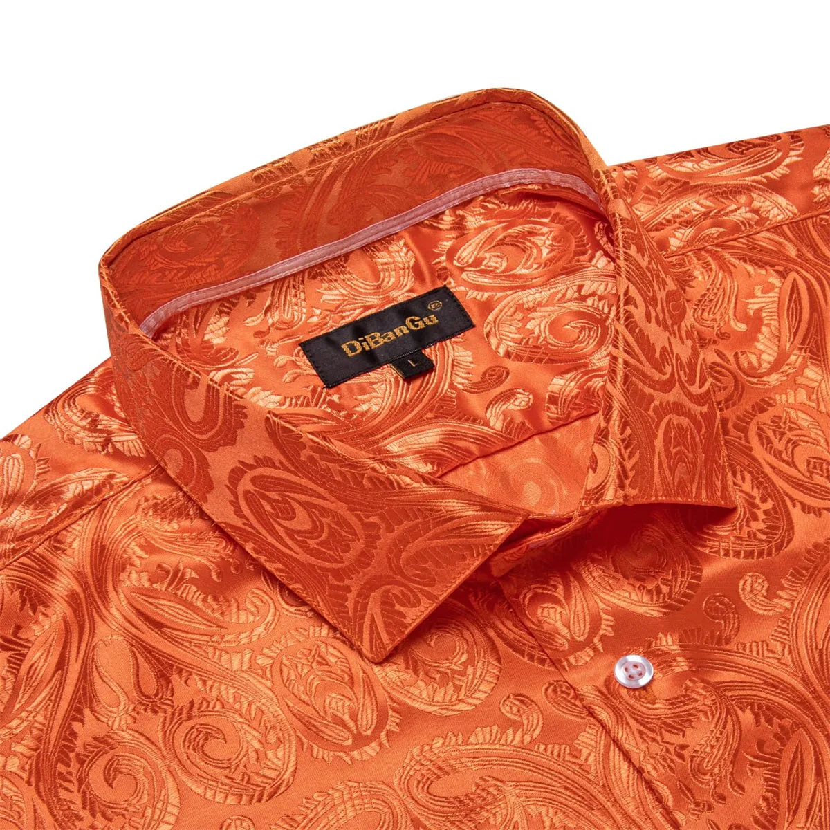 DiBanGu Shirt for Men Flame Orange Paisley Silk Button Up Long Sleeve Shirt