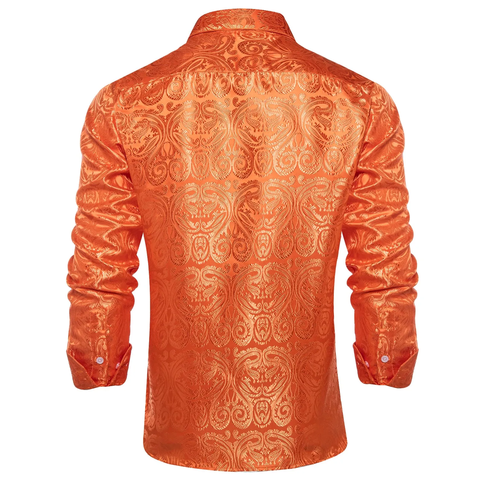 DiBanGu Shirt for Men Flame Orange Paisley Silk Button Up Long Sleeve Shirt