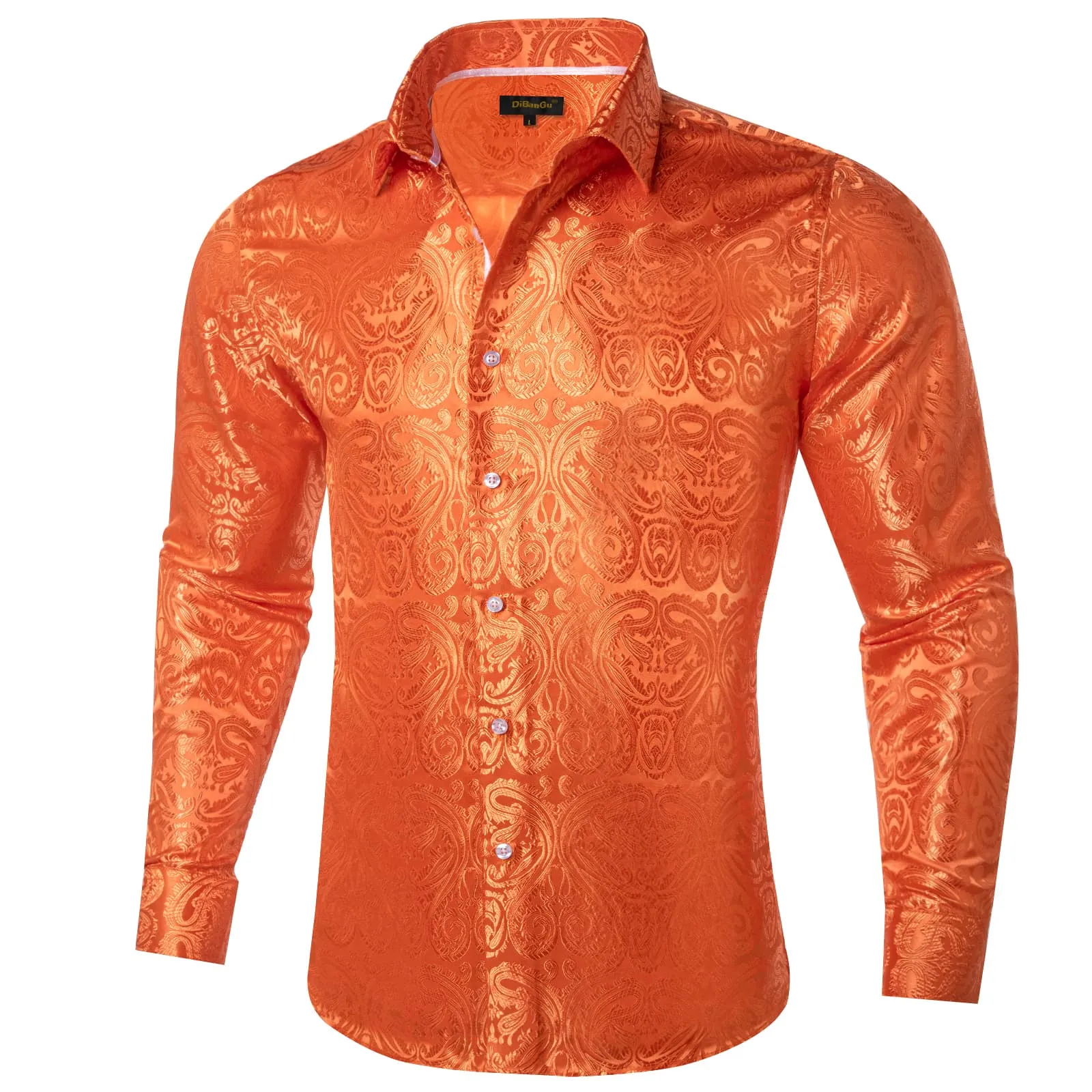 DiBanGu Shirt for Men Flame Orange Paisley Silk Button Up Long Sleeve Shirt