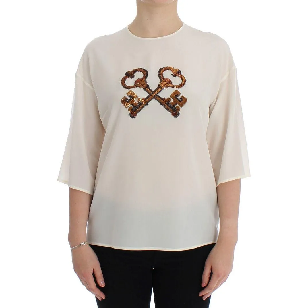 Dolce & Gabbana Ivory Sequined Silk Blouse Top