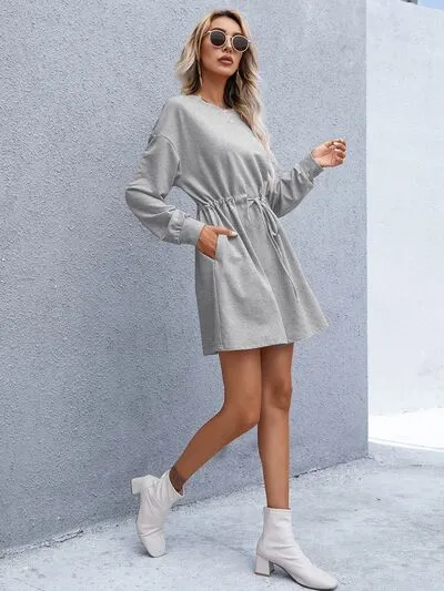 Drawstring Round Neck Dropped Shoulder Mini Dress