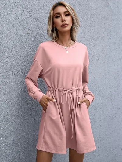 Drawstring Round Neck Dropped Shoulder Mini Dress