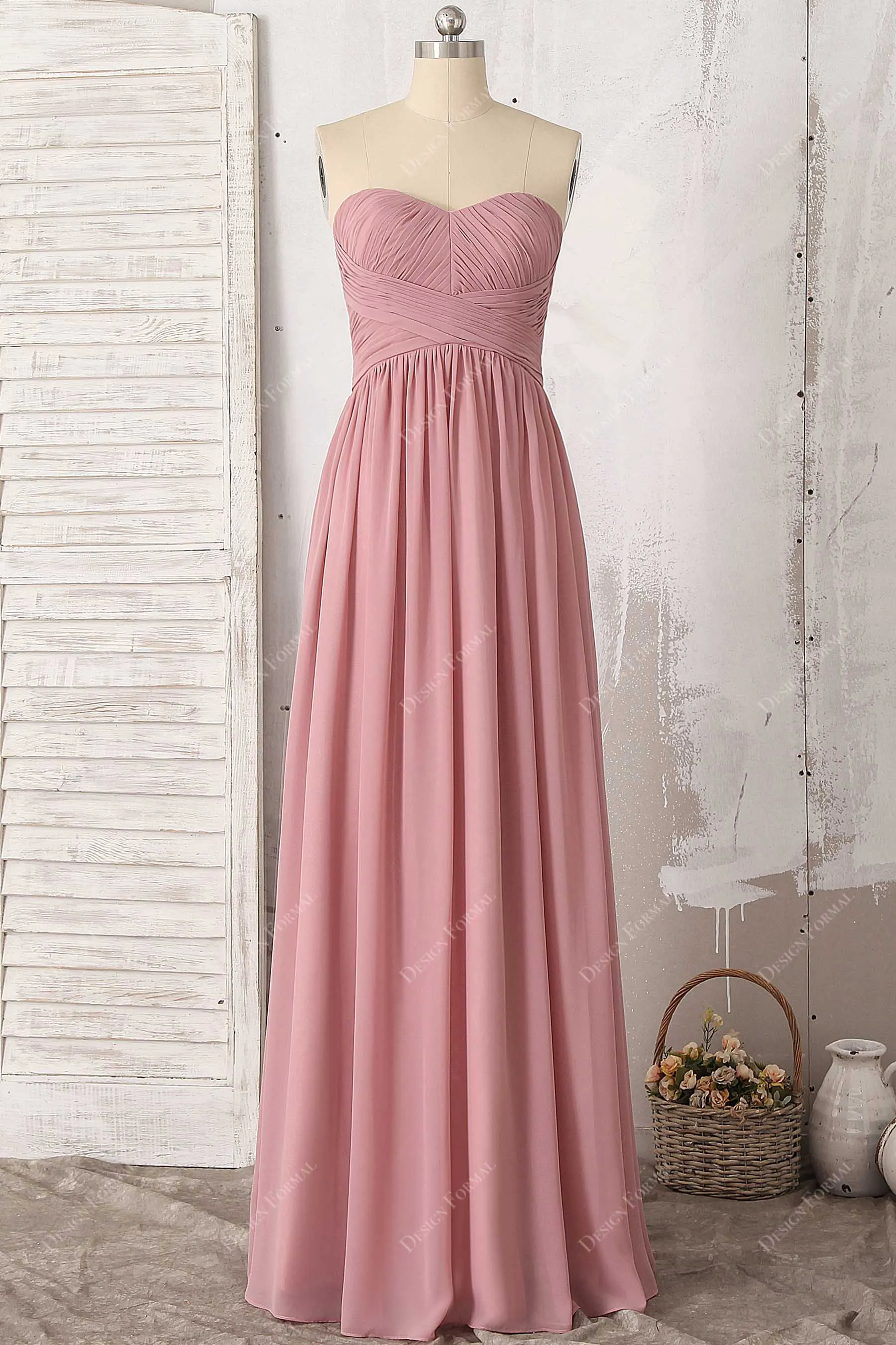 Dusty Pink Chiffon Ruched Strapless Floor Length A-line Dress