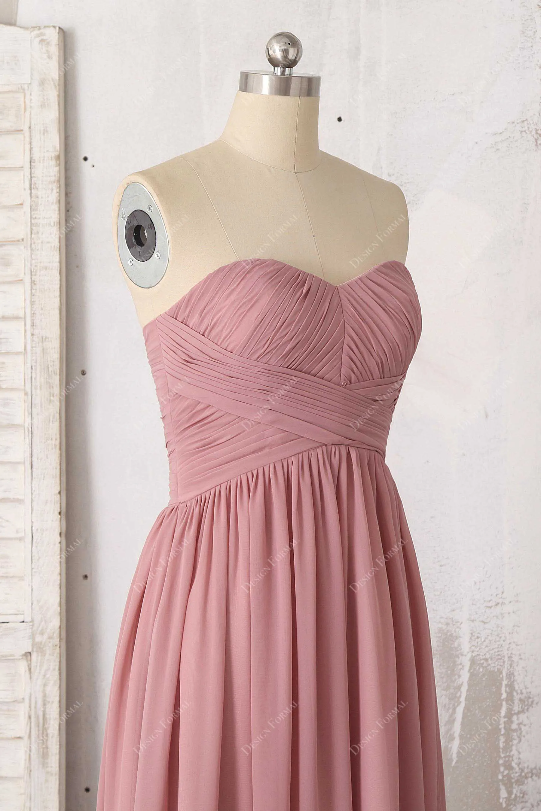 Dusty Pink Chiffon Ruched Strapless Floor Length A-line Dress