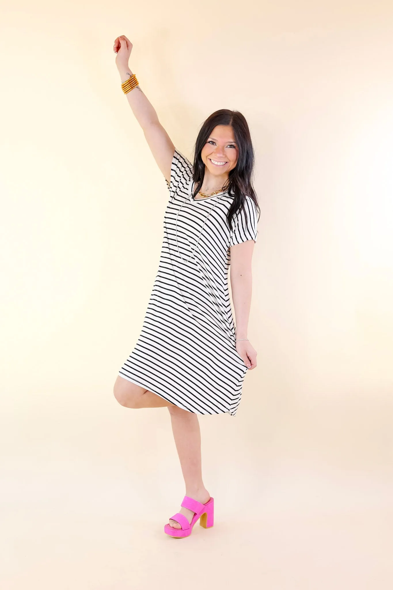 Effortless Moments Striped Short Sleeve Tee Shirt Dress in White