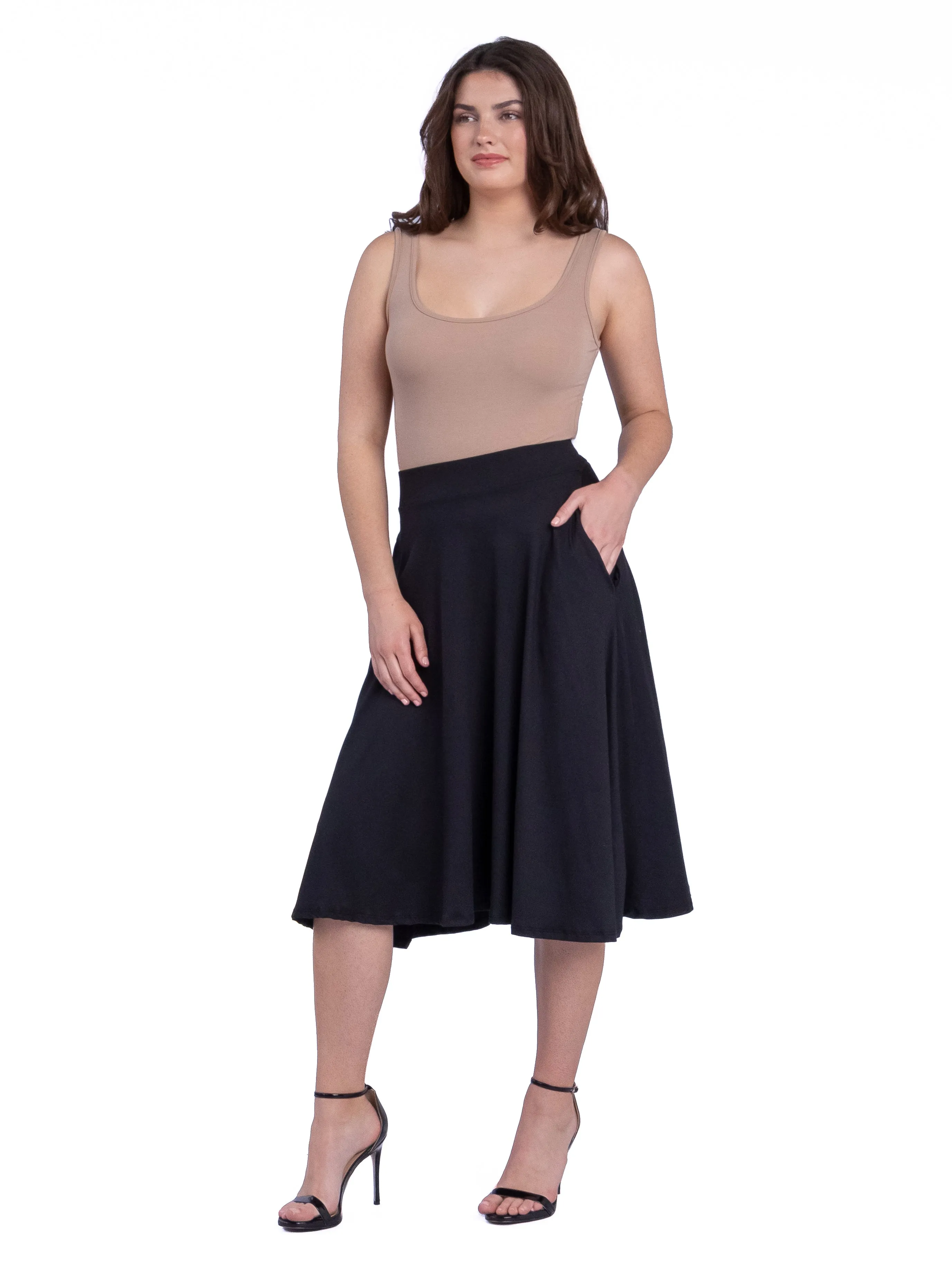 Elastic Waist Pleated Pocket Midi Skirt