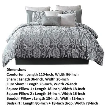 Emma 10 Piece Polyester King Comforter Set, Gray Silver Velvet Damask Print By Casagear Home