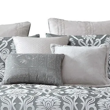 Emma 10 Piece Polyester King Comforter Set, Gray Silver Velvet Damask Print By Casagear Home