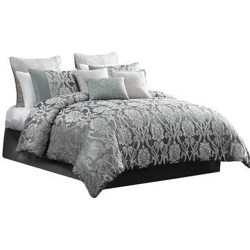 Emma 10 Piece Polyester King Comforter Set, Gray Silver Velvet Damask Print By Casagear Home