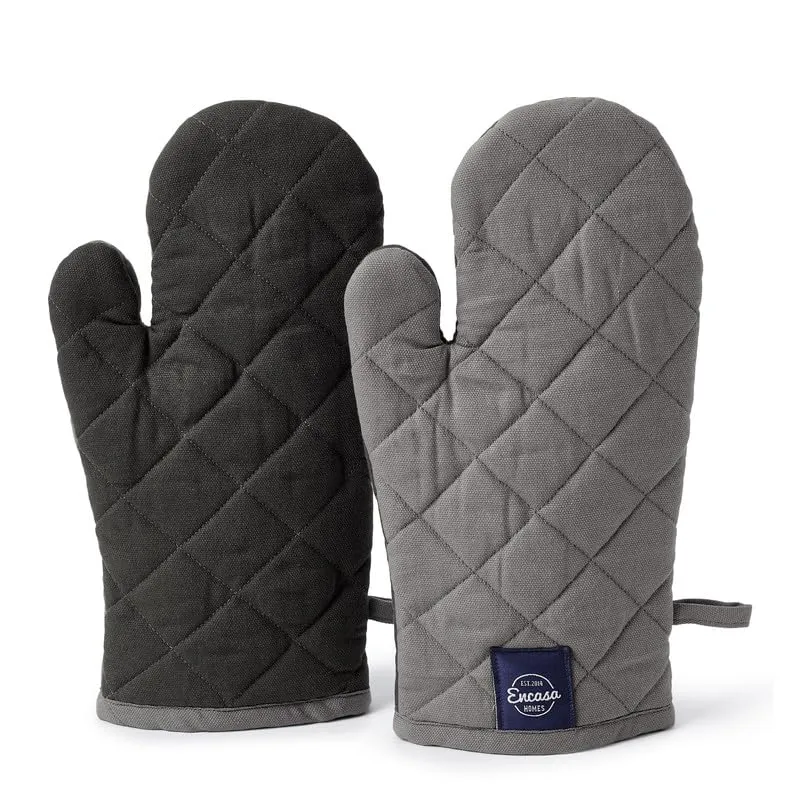 Encasa Heat Resistant Cotton Oven Gloves Mitts (2 Pc Set) - Quilted & Safe 18x30 cm - for Kitchen, Cooking & Baking, Grilling, Handling Hot Pots & Pans - Grey Charcoal Grey