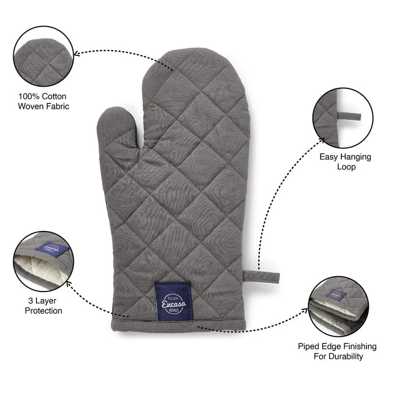 Encasa Heat Resistant Cotton Oven Gloves Mitts (2 Pc Set) - Quilted & Safe 18x30 cm - for Kitchen, Cooking & Baking, Grilling, Handling Hot Pots & Pans - Grey Charcoal Grey