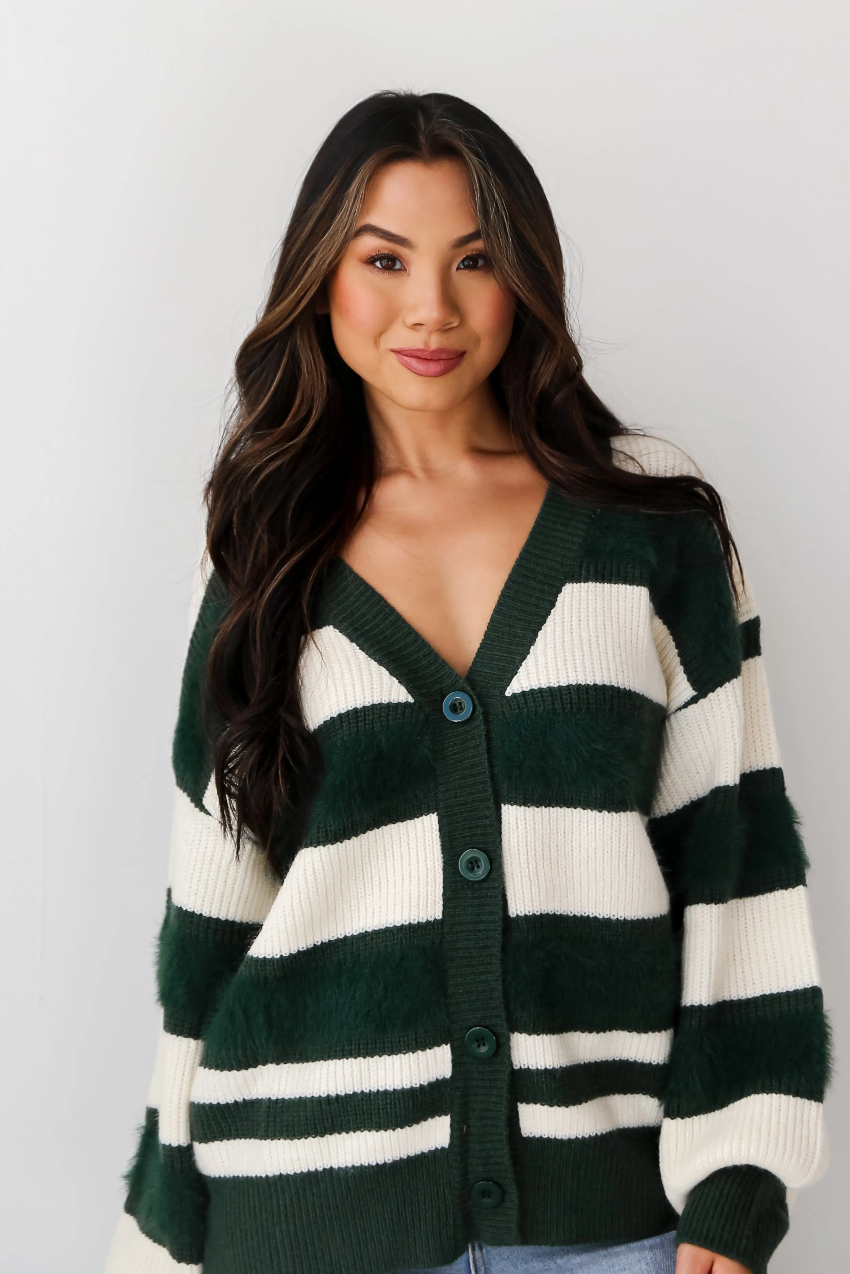 FINAL SALE - Snuggly Expression Hunter Green Striped Oversized Sweater Cardigan