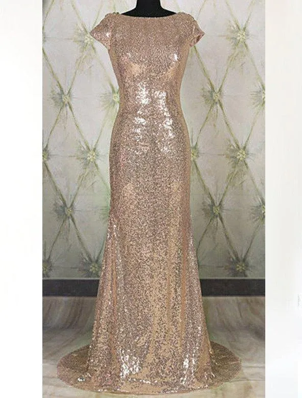 Floor-Length/Long Bateau Neck Column/Sheath Sequined Prom Dresses