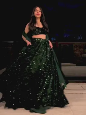 Fully Sequined Green Velvet Lehenga Choli with Net Dupatta