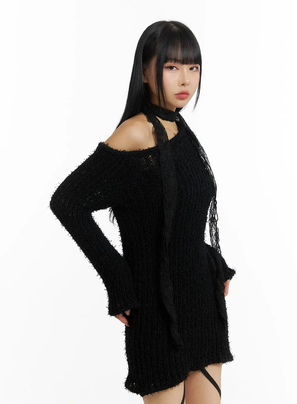 Fuzzy Knit Asymmetrical Shoulder Mini Dress CM406