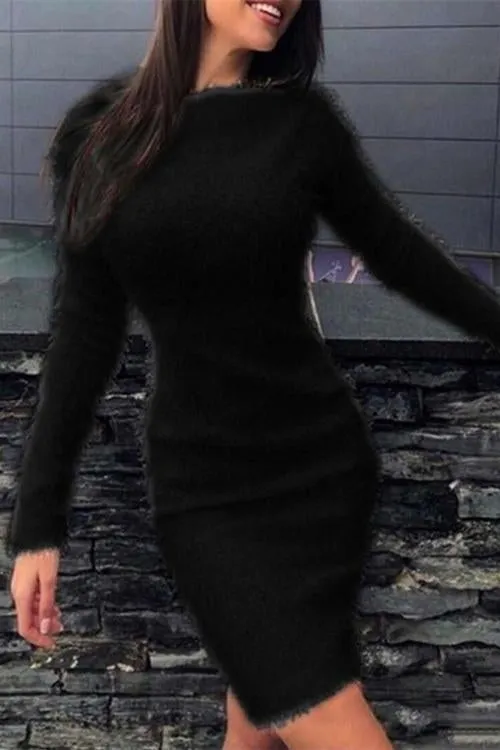 Fuzzy O Neck Long Sleeve Bodycon Sweater Dress