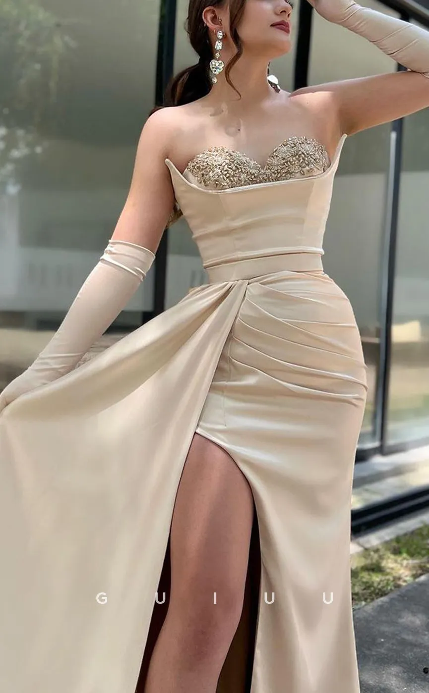 G2920 - Elegant & Luxurious Strapless Beaded Satin Pleats Long Prom Formal Dress