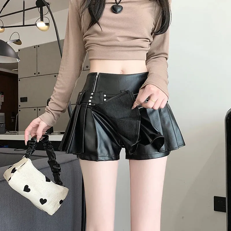 Girlary Women's Black Gothic A-line Pleated Leather Skirt Y2k Mini Shorts Skirts Harajuku Korean Emo Skirt 2000s Vintage Clothes Summer