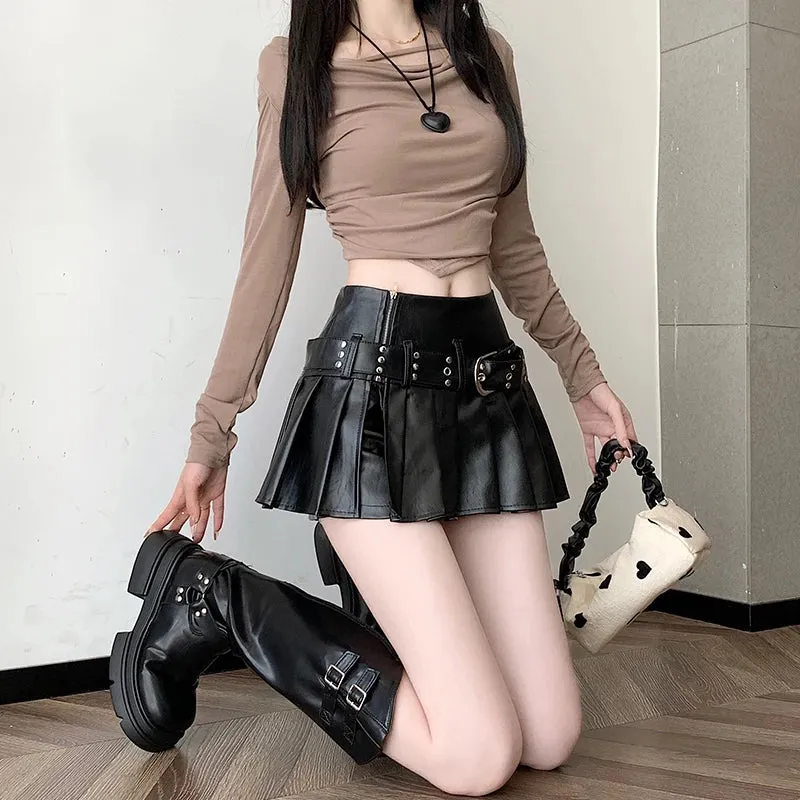 Girlary Women's Black Gothic A-line Pleated Leather Skirt Y2k Mini Shorts Skirts Harajuku Korean Emo Skirt 2000s Vintage Clothes Summer