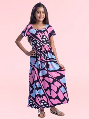 Girls Butterfly Print Short Sleeve Pleated Maxi Dress