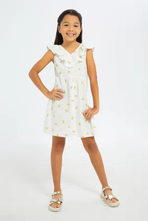 Girls White Floral Print Dress