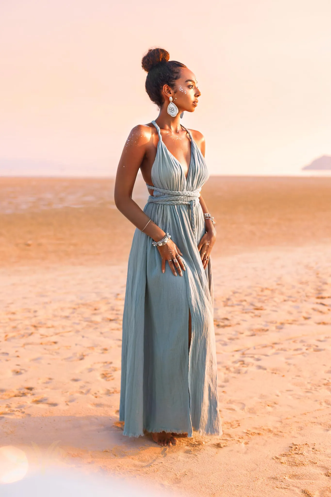 Greek Goddess Dress • Sky Blue Long Maxi Belted Dress