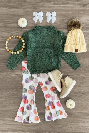 Green Sweater Pumpkin Bell Bottom Set